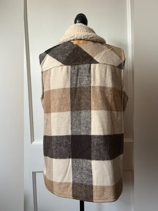 Sanctuary Women's Brown Plaid Sherpa Lined Cozy Heavyweight Vest - Picture 4 of 7